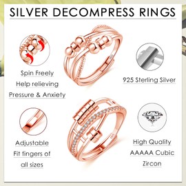 Zolkamery Silver Anxiety Ring, 925 Sterling Silver Women's Anxiety Ring with Cubic Zirconia, Open Adjustable Anti-Stress Mood Ring, Spinner Fidget Ring with Beads, 2 Pieces Unisex Stress Rings for Men