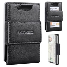 LATKWO Slim Minimalist Metal Wallet for Men RFID blocking Front Back Pocket Minimalist Credit Card Holder Holds 1-10 Cards with ID Window (Black)