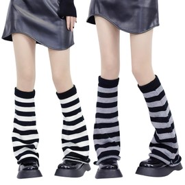 VEGCOO 2 Pairs Women's Long Leg Warmers, Long Leg Warmers, Knee Stockings, Knitted Winter Thermal Leg Warmers, Ankle Warmers for Ballet, Fitness, Yoga, Women and Girls, black stripe