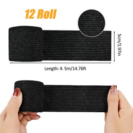 WuGU WuGU 12 Rollen Selbstklebender Verband, Haftbandage Selbstklebend, Elastische Binde, Selbsthaftende Bandage, Geeignet f1r Stretch Sportler, Handgelenk, Fingern, Pet (Schwarz 5 cm x 4,5 m)