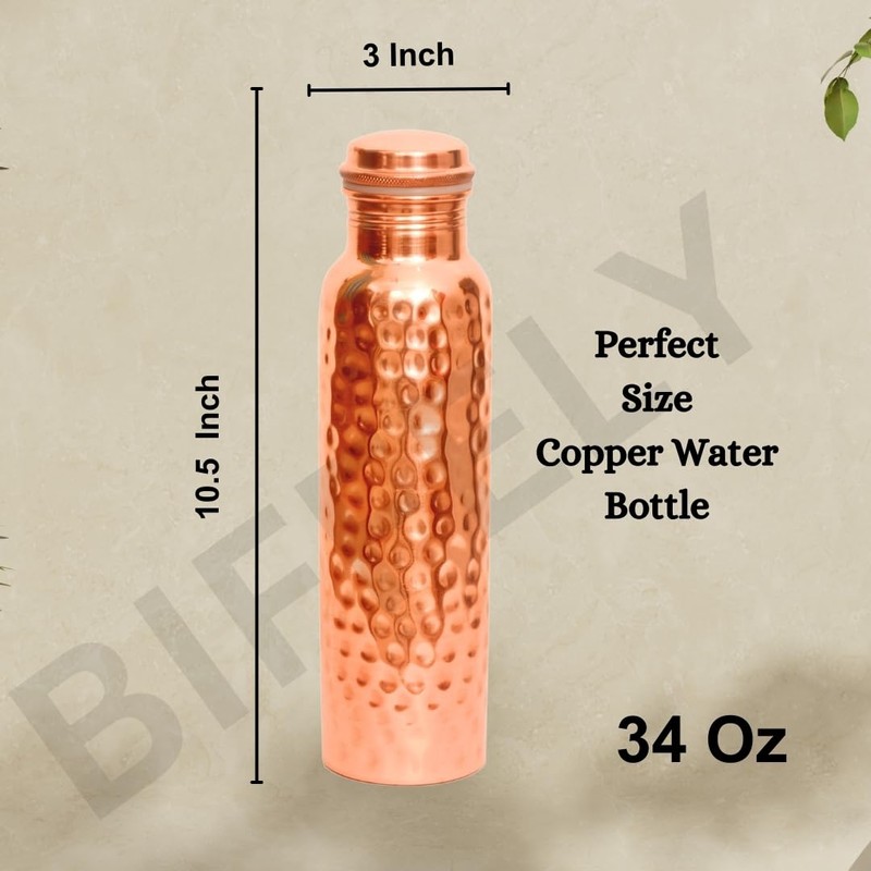 Copper Water Bottle 34OZ - 100% Handcrafted Solid Pure Hammered