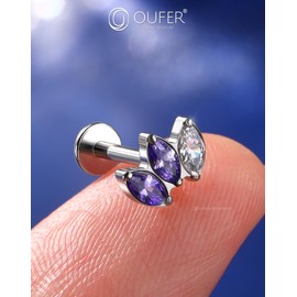 OUFER 16G Helix Earring Titanium G23 Cartilage Earring Internally Threaded Lip Bar 8 mm Curved Purple CZ Flat Back Earring Tragus Piercing For Women