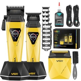 Cortapelos para Hombre VGR 877S3, Kit de Corte Profesional con Pantalla LED y Base de Carga, Cortapelos Inalámbricos de Peluquería con Motor Turbo de Alta Velocidad 9000 RPM, Kit de Aseo Todo en Uno (dorado)