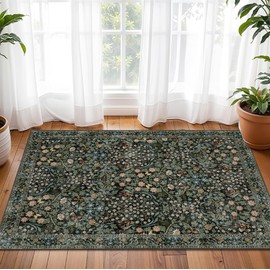 MUJOO 2x3 Washable Rug,Floral Small Area Rugs for Bathroom Entryway Entry Bedroom Bedside,Boho Front Door Mat Indoor Entrance Throw Carpet Botanical Vintage Non Slip Ultra-Thin Black and Green
