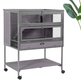 MEDEHOO Guinea Pig Cage, Moveable Metal Frame Hamster Cage Anti-Chewing with Aluminium Alloy Edge, Hideouts, Ramps, Seesaws Chewing Toy, Deeper Pull-Out Leakproof Tray for Indoor Outdoor(Grey