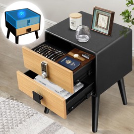 Nightstand with Safe,Solid Steel, Modern Bedside Table with Keypad Lock, 22" H×18" D×12" W, Black Night Stand with Locking Drawer, PU Leather Nightstand with Solid Wooden Legs