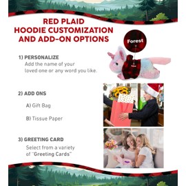 DolliBu Sunday Rainbow Unicorn Stuffed Animal with Plaid Red Hoodie Sweater and Personalization - Plush Lumberjack Stuffed Toy with Plaid Jacket Dress Up for Christmas, Holiday, Winter - 10.5 Inches