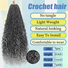 24 Inch Goddess Locs Crochet Hair Grey Ombre Pre Looped Braiding Hair 84 Strands Bohemian Faux Locs Boho Braids River Locs Dreadlocs Hair for Black Women