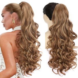 PORSMEER Ponytail with Clip, Claw Clip-In Hair Extensions, Claw Long Curly Wavy Ponytail, Jaw Clip on Hairpiece for Women, 26 Inches (Light Brown with Highlights)