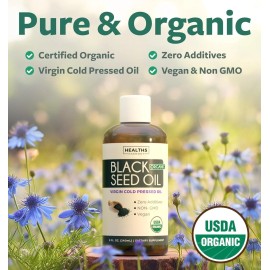 Healths Harmony USDA Organic Black Cumin Seed Oil Liquid (8 fl oz) Premium Cold-Pressed Nigella