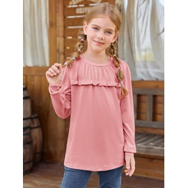 Girls' T-shirts, tunic, ruffles, long-sleeved shirts, leisure, loose tops, cute children's soft blouse, pink