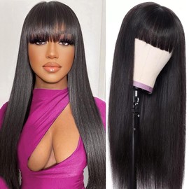 CORDELIA Glueless Wigs Human Hair with Bangs Straight Human Hair Wig with Bangs 150% Density None Lace Front Wigs for Black Women 20inch