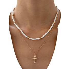 Aneneiceera Boho Layered Cross Choker Necklace Chain Vintage Gold Cross Pendant Necklace Chain White Beads Strand Necklace Statement Cross Beads Necklace Charm Jewellery for Women Girls
