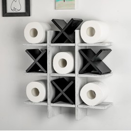 Weysat Tic Tac Toe Toilet Paper Holder Stand Bathroom Wall Decor Rustic Wooden Hanging Storage Freestanding Wall Mounted Shelves Decor for Toilet Tissue Farmhouse