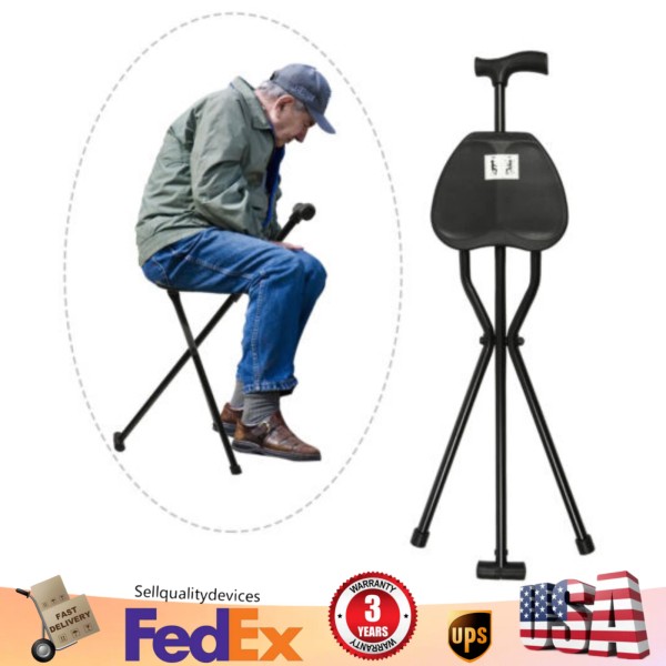 Unbranded Folding Walking Cane with Tripod Chair Seat Stool Heavy