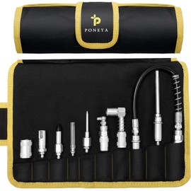 PONEYA 9 PCS Grease Gun Couplers, Quick Connect Greasing Accessory Kit with Grease Gun Tips 12" Flex Hose & Roll Up Case, Perfect for Quick Release Grease Couplers to Reach Any Grease Fitting