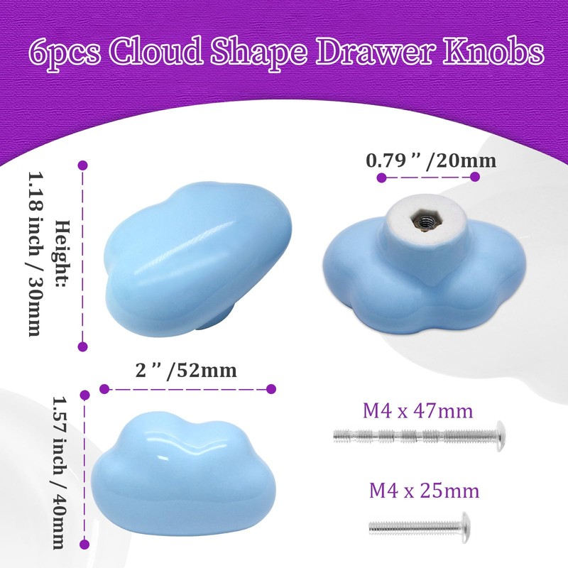Qjaiune 6pcs Ceramic Cabinet Knobs Blue Drawer Knobs, Cloud Shaped