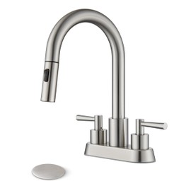 FELIXBATH Bathroom Sink Faucet with Pull Out Sprayer 2 Handles, Brushed Nickel Pull Down Bathroom Faucet 3 Holes, 4 Inch Sink Faucet Bathroom, 360 Degree Swivel Spout, Pop Up Drain Assembly Included