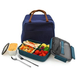 MINCOCO Bento Lunch Box Leak-proof Eco-Friendly Bento Box Food Storage Containers with Large Lunch Bag, Sauce Jar, Stainless Spoon&Fork for Adults Women Men Kids (Navy Blue)