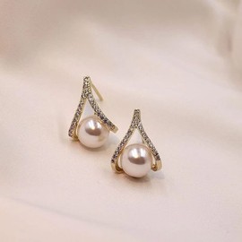 Pearl Stud Earrings for Women 14K Gold Filled 9-9.5mm White Real Freshwater Cultured Pearl Earrings