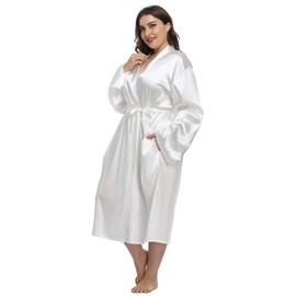 iFigure Women's Plus Size Satin Robe Long Bathrobes Dressing Gown Soft Sleepwear, White, 4X