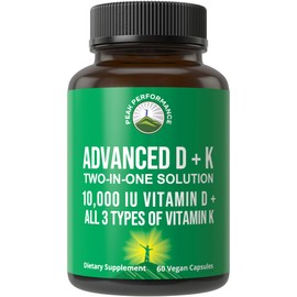 Peak Performance Peak Performance Advanced Vitamin D 10000 IU with All 3 Types of Vitamin K Capsules 10,000 IU Vitamin D3 and Vitamin K2, K1, MK-7 (MK7), MK4 Supplement. 60 Small and Easy to Swallow Pills