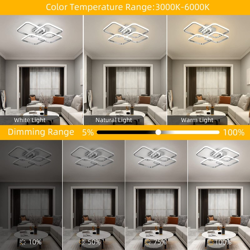 Dimmable Modern Led Ceiling Light, 4 Rings Square Ceiling Lamp