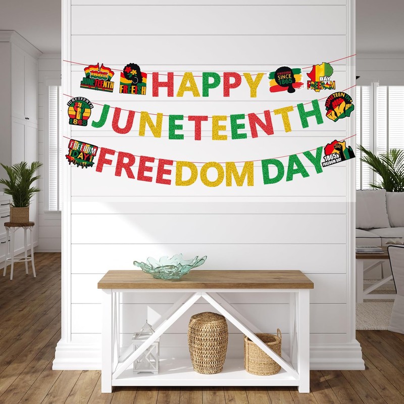 Pre-Strung Happy Juneteenth Freedom Banner Decorations for Party, Glitter Juneteenth