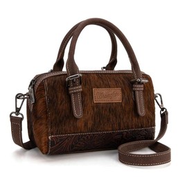 Wrangler Genuine Leather Hair-On Cowhide Barrel Bag Crossbody Purse - Color: Brown,Cowhide-coffee