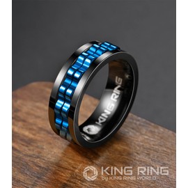 King Ring 8mm Gear Spinner Ring – Ultra Polished Men & Women Stainless Steel Fidget Ring K12 – Black Blue 08