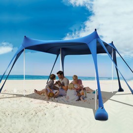 Beach Tent Sun Shelter, 10 x 10 FT Beach Canopy Tent Sun Shade Heavy Duty, UPF50+ Beach Tent Canopy with 8 Sandbags & 4 Stability Poles, Outdoor Beach Shade Canopy for Camping and Fishing, Blue