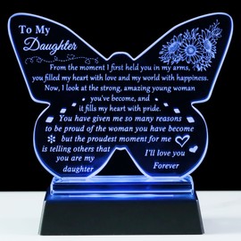 YWHL Daughter Gifts from Dad Mom, Best Birthday Gifts for Daughter Adult, to My Daughter Butterfly-shaped Glass Keepsake with Colorful Light Base, Christmas Graduation Present for Daughter