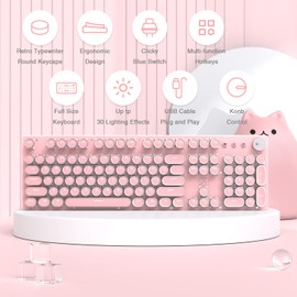 LexonElec Typewriter Style Retro Wired Mechanical Gaming Keyboard,Vintage Steampunk Keyboard with White Backlit,104-Key Blue Switch Cute Keyboard,Round Keycaps Knob Control for PC/Windows/Mac