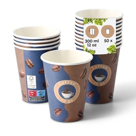 BIOZOYG Printed Paper Cups, Pack of 50, 300 ml / 12 oz, Diameter 80 mm, White - Coffee Cups to Go - Cardboard Coated with PE - Drinking Cups for Hot and Cold Drinks, Disposable Cups