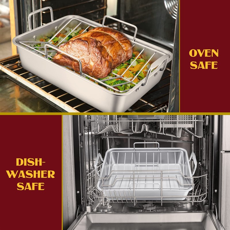 E-far 14 x 10.6 Inch Roasting Pan, Stainless Steel Turkey