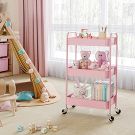 TOOLF 3-Tier Rolling Cart, Metal Utility Cart with Lockable Wheels, Storage Craft Art Cart Trolley Organizer Serving Cart Easy Assembly for Baby Room, Bathroom, Kids' Room, Beauty Salon (Pink)