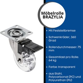 GTV - Brazylia Furniture Castor with Lock - Swivel Castors for Furniture - Steel/PC/PU - Diameter 75 mm - Swivel Wheels 360 Degree - Total Load per Castor 64 kg - Transparent