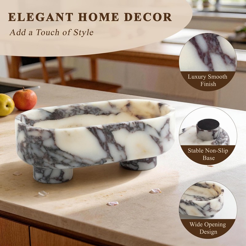 Natural Oval Marble Fruit Bowl, Two-Legged Decorative Bowl Calacatta Viola