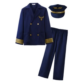 ReliBeauty Children's Pilot Costume Aviator Aviator 3-14 Years with Pilot Hat Captain Fancy Dress 160