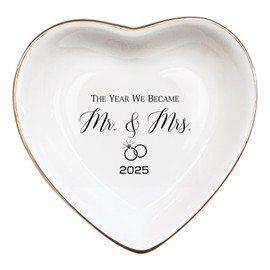 The Year We Became Mr & Mrs 2025 Ceramic Ring Dish for Wedding Jewelry Tray, Elegant Keepsake Gift for Couples, Ceramic Valet Tray for Jewelry Storage