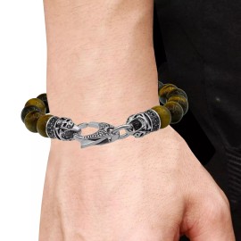 Beyond Brilliance Mens Tiger Eye Stainless Steel Bracelet with Black Cubic Zirconia Diamonds