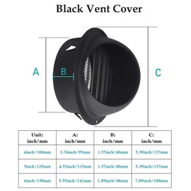 Black Stainless Steel Circular Arc Air Vents, JSIXASO 5 Inch Louvered Grille Wall Vent Cover with Screen Mesh for Bathroom, Kitchen, Basement, Garage, Attic and Storage Room Ventilation