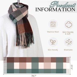 fauson Scarf for Women - Green Scarf Winter Warm Knit Large Plaid Scarves for Women