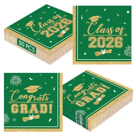Juego de 50 servilletas de graduación clase de 2026 – Juego de servilletas de graduación de oro verde, 3 capas, desechables de graduación, almuerzo, cena, fiesta, fiesta, decoración de mesa