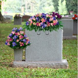 Sympathy Silks Artificial Cemetery Flowers – Realistic Vibrant Tulips Outdoor Grave Decorations - 1 Pink Tulip Purple Iris Bouquet and 1 Matching Saddle