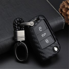 M.JVisun Soft Silicone Rubber Carbon Fiber Texture Case Key Fob Cover for Volkswagen Atlas e-Golf Golf Jetta Lamando Polo for Tiguan for Touran L Flip Car Remote Key - Black - Weave Keychain
