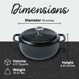 Segretto Cookware Enameled Cast Iron Dutch Oven with Handle, 4.57 Quarts, Nero (Black) 4.57 qt Oven Safe Dutch Oven Pot With Lid Ceramic Enamel Dutch Oven Cast Iron Pot Cookware for Bread Baking, Soup