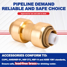 1/2 Inch Straight Coupling Push-Fit Fitting to Connect Pex, Copper, CPVC Pine, No Lead Brass Push to Connect Fittings (pack of 12)