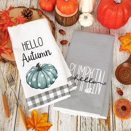 ZCHOMI Hello Pumpkin Fall Kitchen Towels Set of 4, Give Thanks Blue Grey Dish Towels Autumn Thanksgiving Hand Towels for Cleaning Drying Cooking Baking, 18x26 Inch