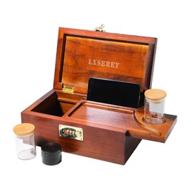 LXSEREY Acacia Wooden Box with Rolling Tray Set - Combination Lock Storage Box with Removable Tray, All accessories included.